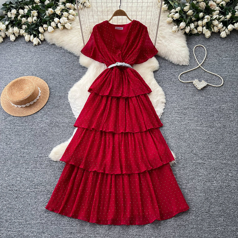 Elegant v-neck red tiered dress - women's summer high-waisted a-line maxi dress with rhinestone accents