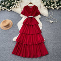 Elegant v-neck red tiered dress - women's summer high-waisted a-line maxi dress with rhinestone accents