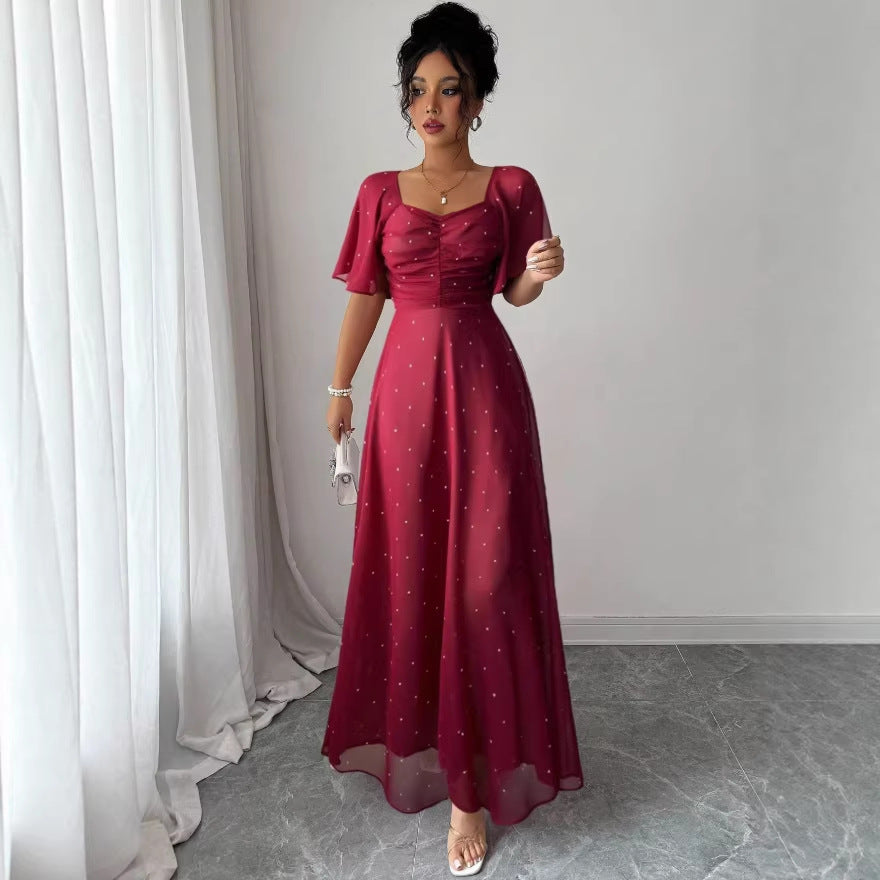 european and american cross-border summer women's slimming french square neck maxi dress