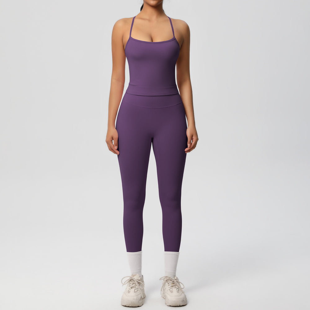 Ready-to-ship, solid color, nude-feel, double-sided brushed, racerback, form-fitting activewear yoga set – perfect for running and fitness. two-piece set