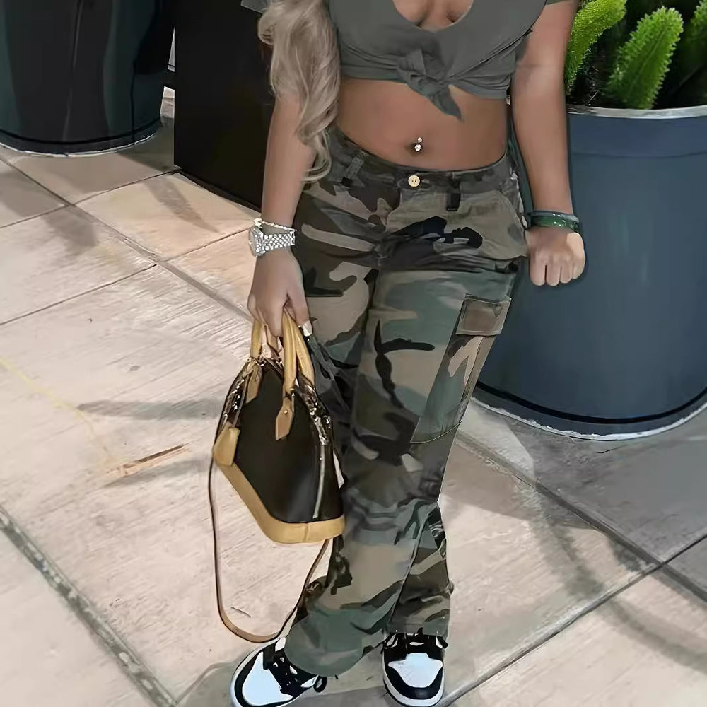 2025 amazon new women's streetwear camo print multi-pocket versatile cargo pants