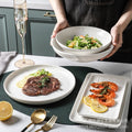 European-style embossed pure white ceramic plate, rectangular dinner plate for western cuisine, steak plate, salad bowl, hotel display plate - wholesale