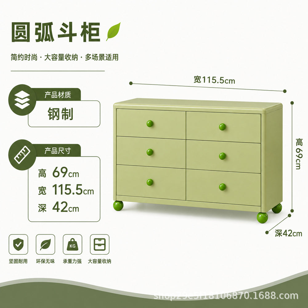 new steel low cabinet with rounded corners, freestanding five-drawer unit, wall-mounted integrated storage cabinet, kids' organizer