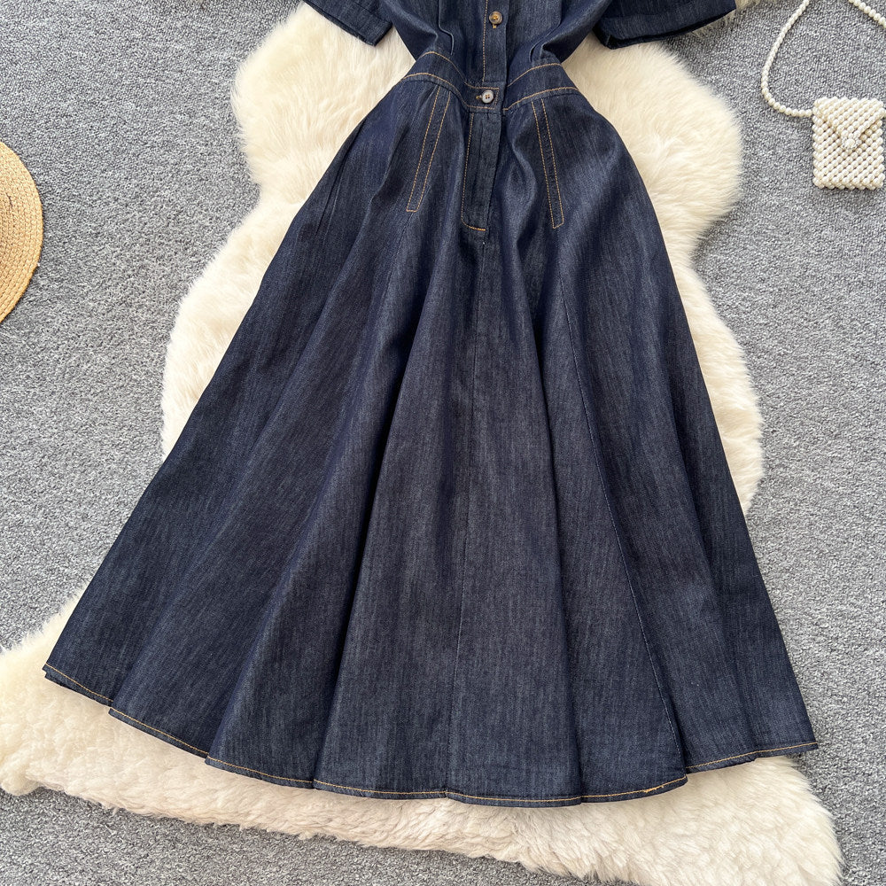 Retro denim style lapel short sleeve a-line dress women's early spring k-style waist slimming lookelegantwork clothing skirt