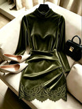 European and american women's velvet mini dress - mock neck, long sleeve, slim fit, ruched panel, lace trim, sexy dress - wholesale