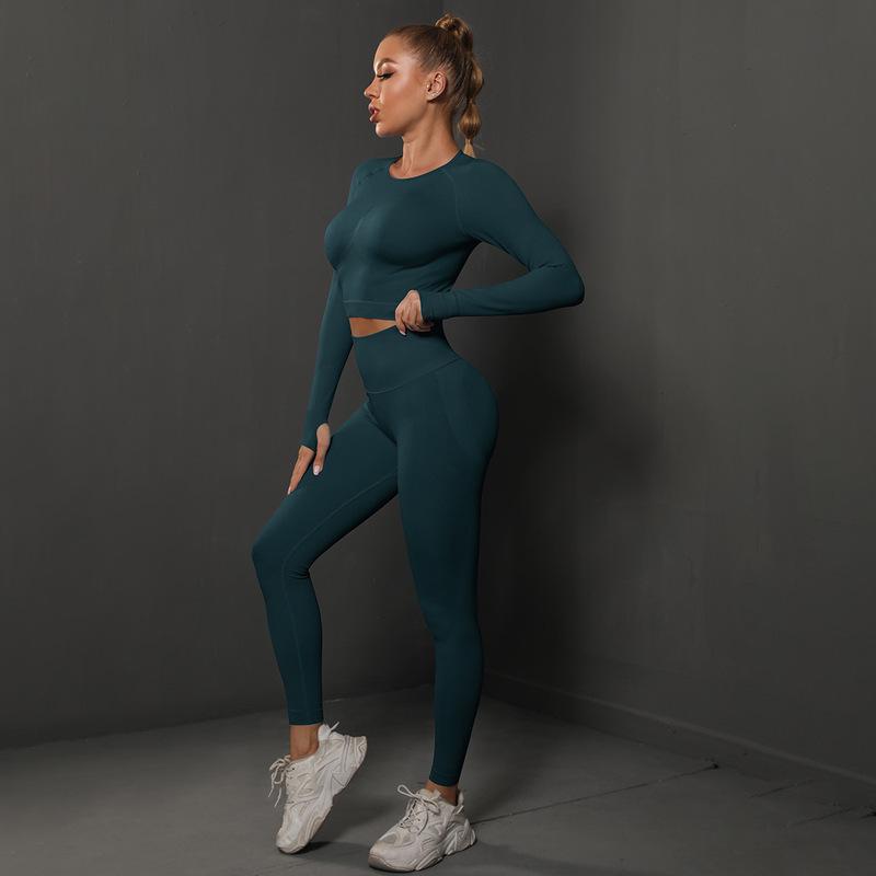 New solid color knitted peach lift tight yoga leggings set - seamless fitness activewear for women, perfect for running and yoga
