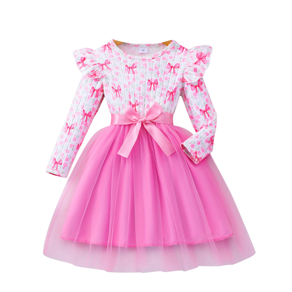 Girls' dress, flutter sleeve printed patchwork mesh dress