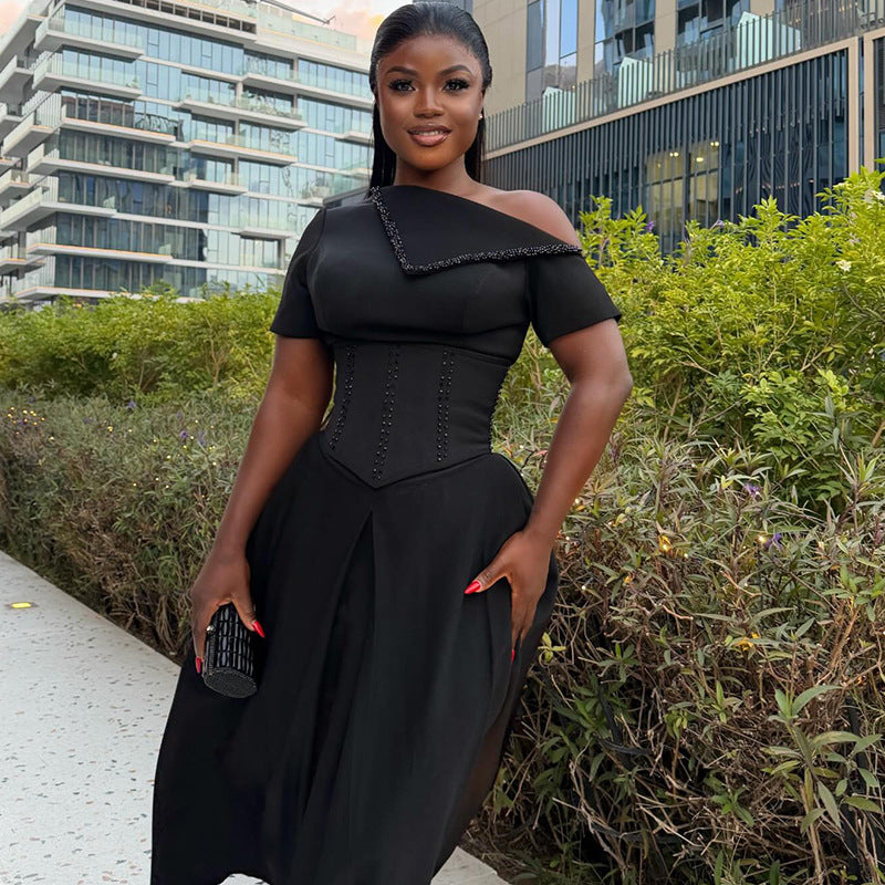 European and american cross-border women's fashion:  spring new arrival - elegant asymmetrical neck black heavy embellishment slim-fit midi dress