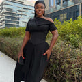 European and american cross-border women's fashion:  spring new arrival - elegant asymmetrical neck black heavy embellishment slim-fit midi dress
