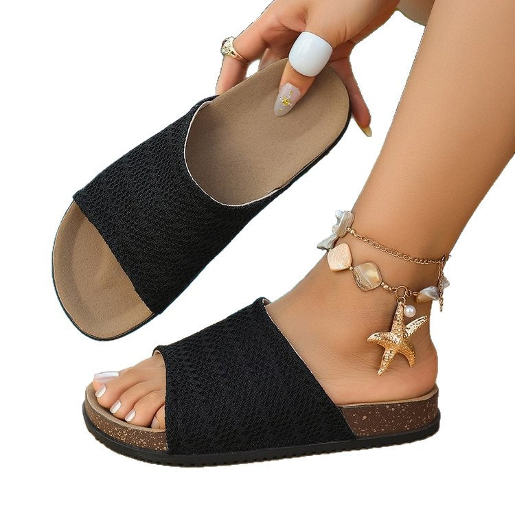 new knitted fabric one-line round toe slippers for women to wear outside cork thick-soled beach sandals  supply