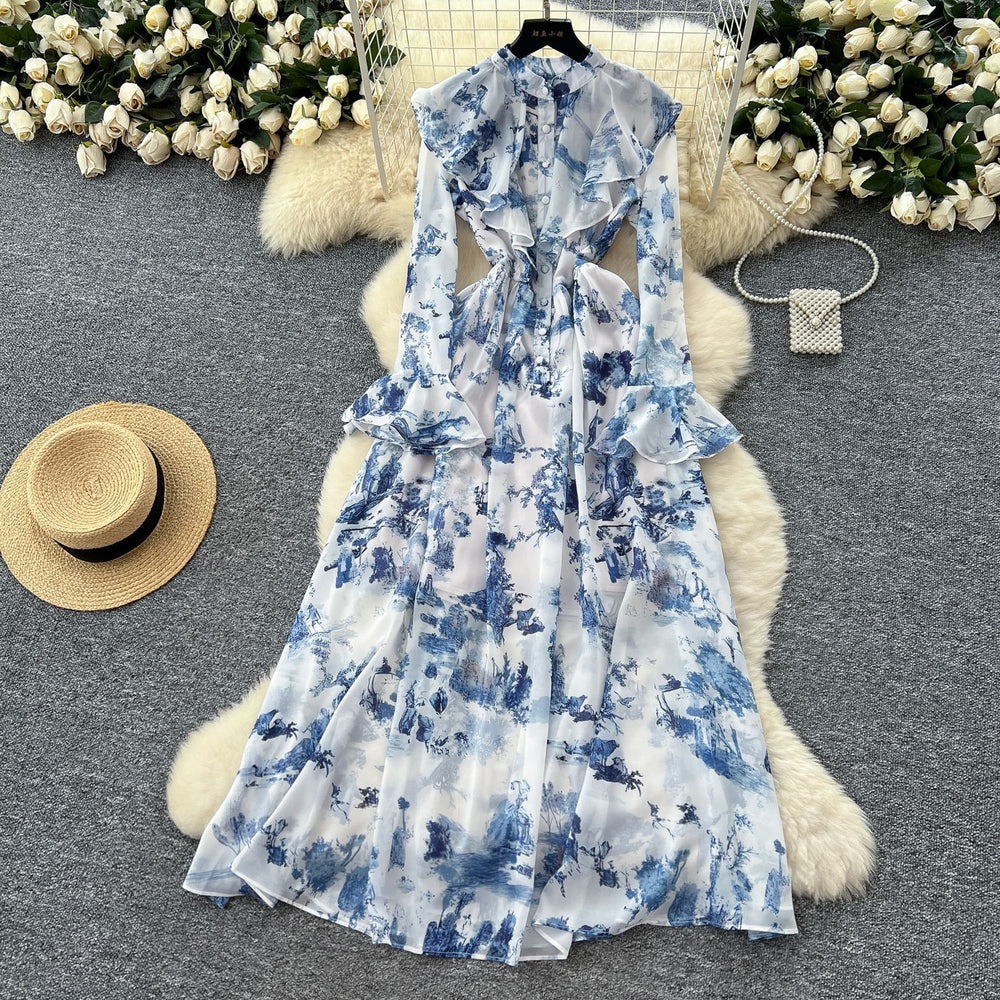 French chic elegant women's dress - designer ruffle trim, patchwork waist, slim fit, printed chiffon maxi dress