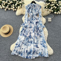 French chic elegant women's dress - designer ruffle trim, patchwork waist, slim fit, printed chiffon maxi dress