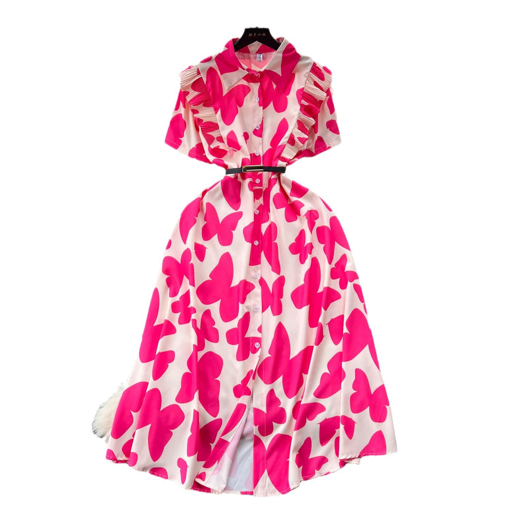 Sophisticated niche women's dress -  summer new arrival: designer ruffle-trimmed, cinched-waist, printed elegant maxi dress