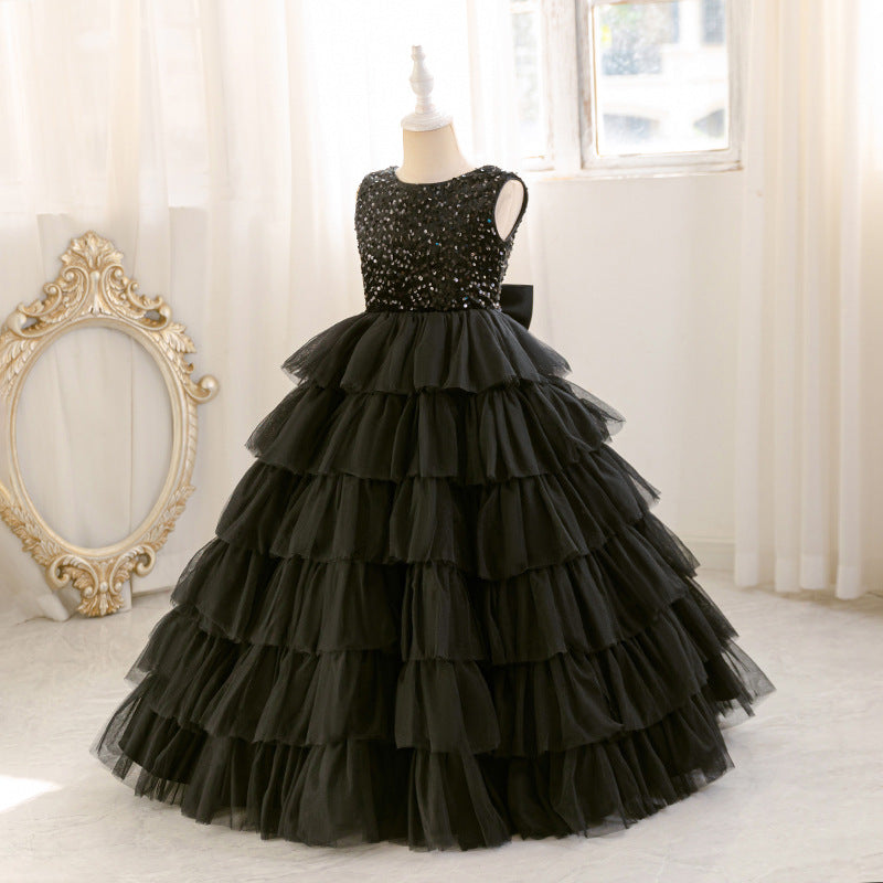european and american girls' evening dress, long cake skirt, black elegant high-end bow sequin dress, in stock