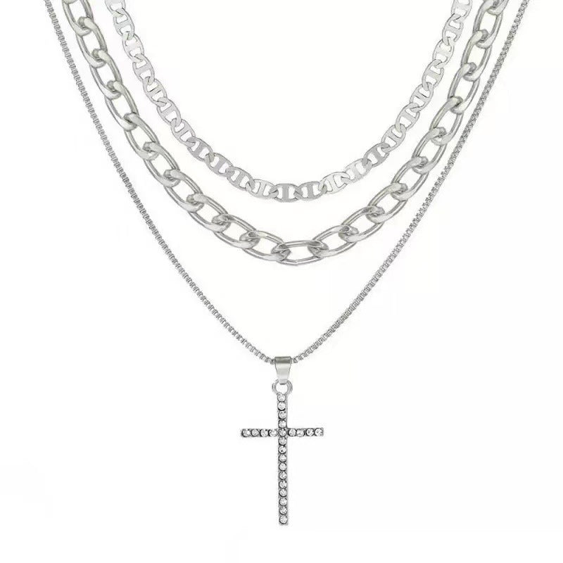 Fashion cross-border hot-selling multi-layered necklace stylish full diamond multi-layered cross pendant necklace clavicle chain