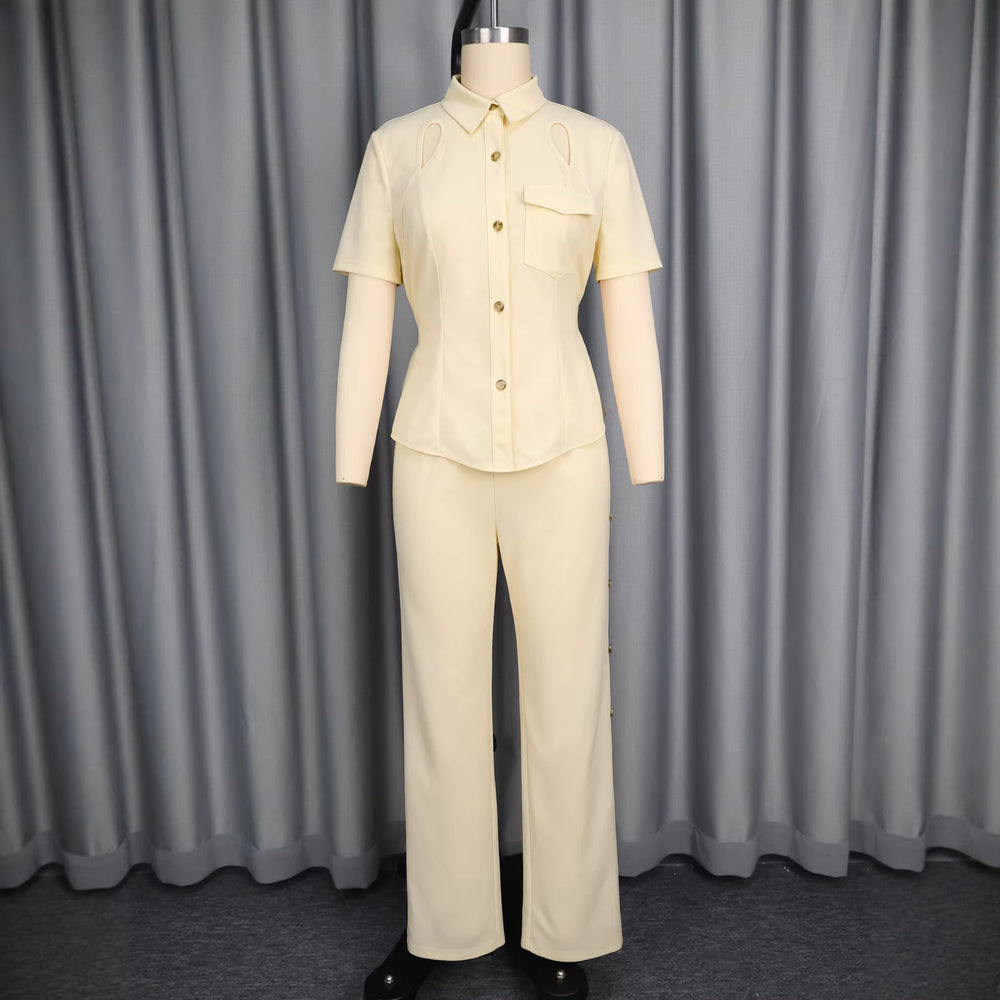 Collared, cutout button-down shirt with tie waist and versatile straight-leg pants set - two-piece set