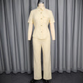 Collared, cutout button-down shirt with tie waist and versatile straight-leg pants set - two-piece set