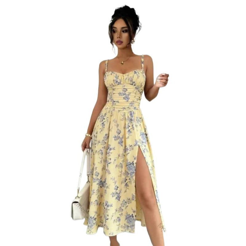 Amazon fashion sexy elegant spaghetti strap slit dress women's summer new arrival slimming a-line dress