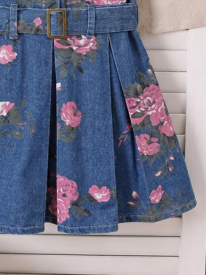 hot-selling girls' sleeveless printed denim dress + belt, denim washed dress - cross-border exclusive