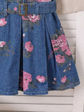 hot-selling girls' sleeveless printed denim dress + belt, denim washed dress - cross-border exclusive