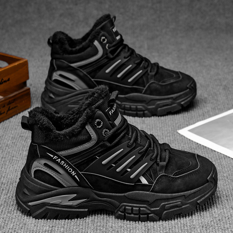 Men's winter fleece-lined warm cotton shoes, thick-soled work shoes, non-slip outdoor sports casual hiking martin boots, trendy footwear