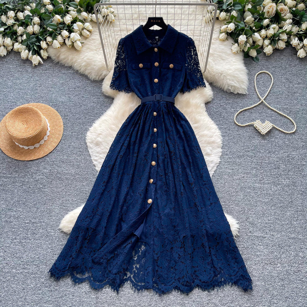 French chic pink lace dress for women, 2026 summer collection: short sleeve, turn-down collar, cinched waist, a-line silhouette - effortless elegance