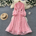 French romantic stand collar lantern sleeve lace dress - women's slimming a-line maxi dress with elegant mesh detail