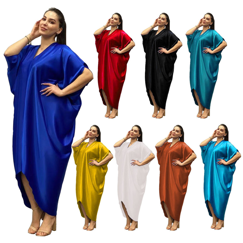 Glossy silky satinloosev neck bat sleeve mid-sleeve plaidfashion long skirt dress cross-border supply