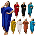 Glossy silky satinloosev neck bat sleeve mid-sleeve plaidfashion long skirt dress cross-border supply