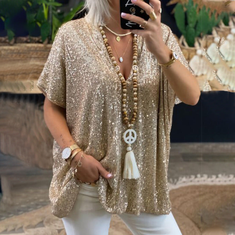 new european and american  style short-sleeve urban casual loose fit pullover sequin v-neck t-shirt top for women