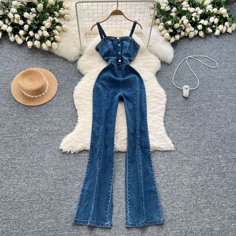 Korean style sleeveless overalls for women,  spring new arrival, hong kong retro style, high-waisted slimming denim pants with metal buckle detail