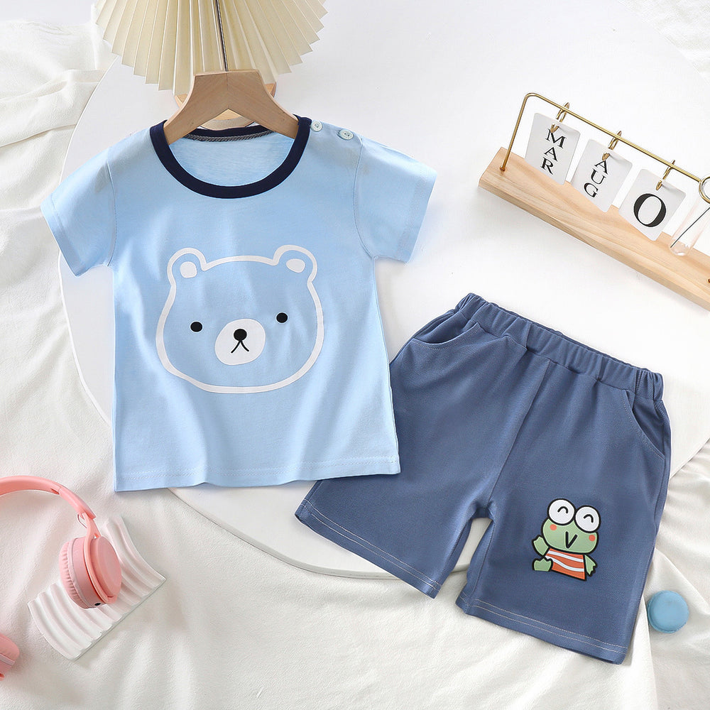 summer kids' short-sleeve set: toddler & children's pure cotton denim casual short-sleeve & shorts two-piece outfit - dropshipping available