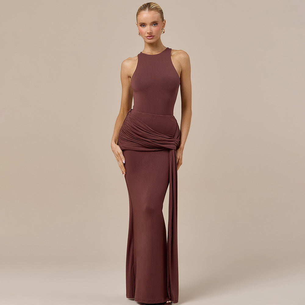 European and american style women's autumn  new arrival: elegant, sexy, slim-fit long dress - solid color sleeveless tie-up bodycon dress
