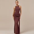 European and american style women's autumn  new arrival: elegant, sexy, slim-fit long dress - solid color sleeveless tie-up bodycon dress