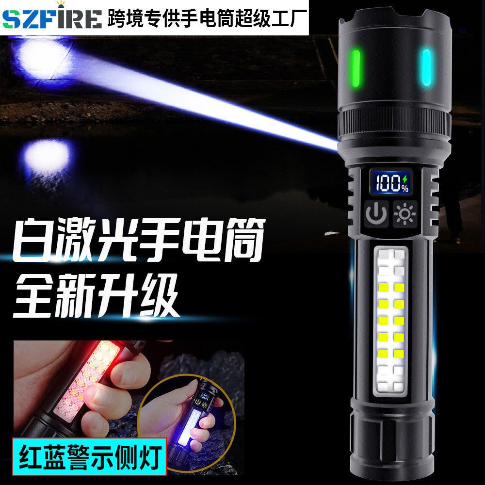Cross-border new household charging telescopic zoom white laser mini flashlight cob red and blue warning outdoor flashlight