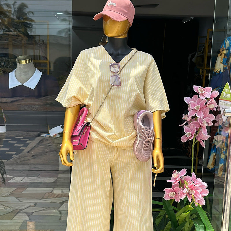 European and american cross-border women's fashion:  summer new collection - stylish v-neck striped short-sleeve top and wide-leg pants casual set