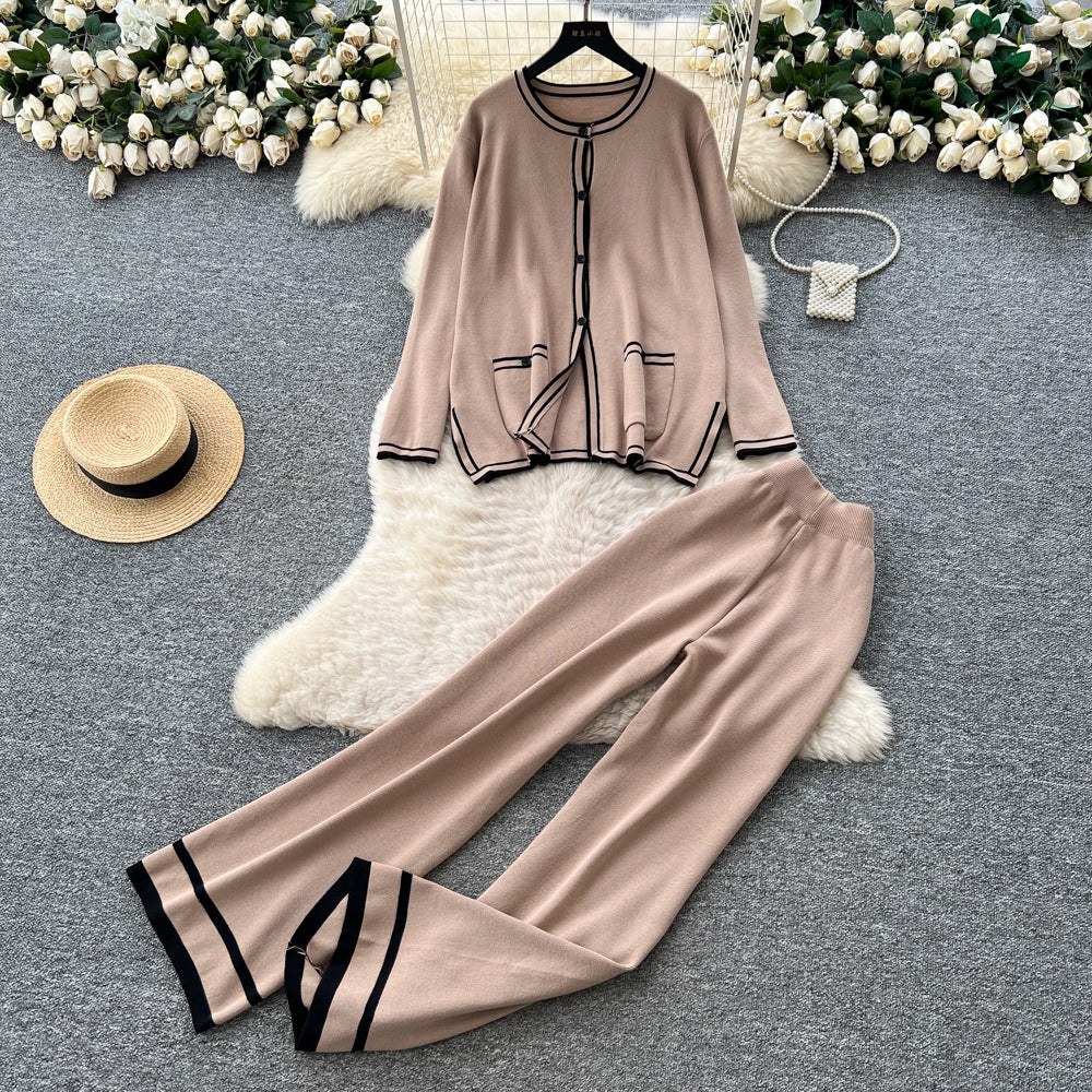 Xiaoxiangfengtwo-piece setfemalefall and winterfashioncontrast color round necklooseknittingcardigantopshigh waistloose pants
