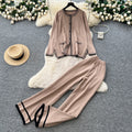Xiaoxiangfengtwo-piece setfemalefall and winterfashioncontrast color round necklooseknittingcardigantopshigh waistloose pants