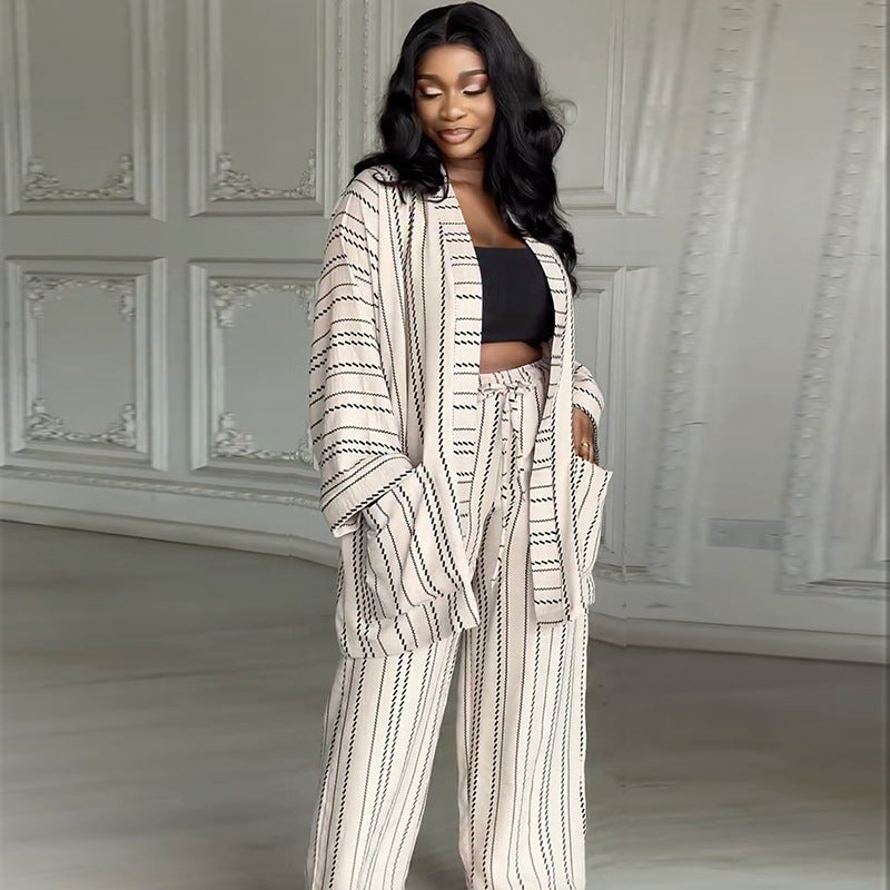 European and American  women's clothing 2025 autumn new fashion casual striped loose cardigan high waist wide leg pants set