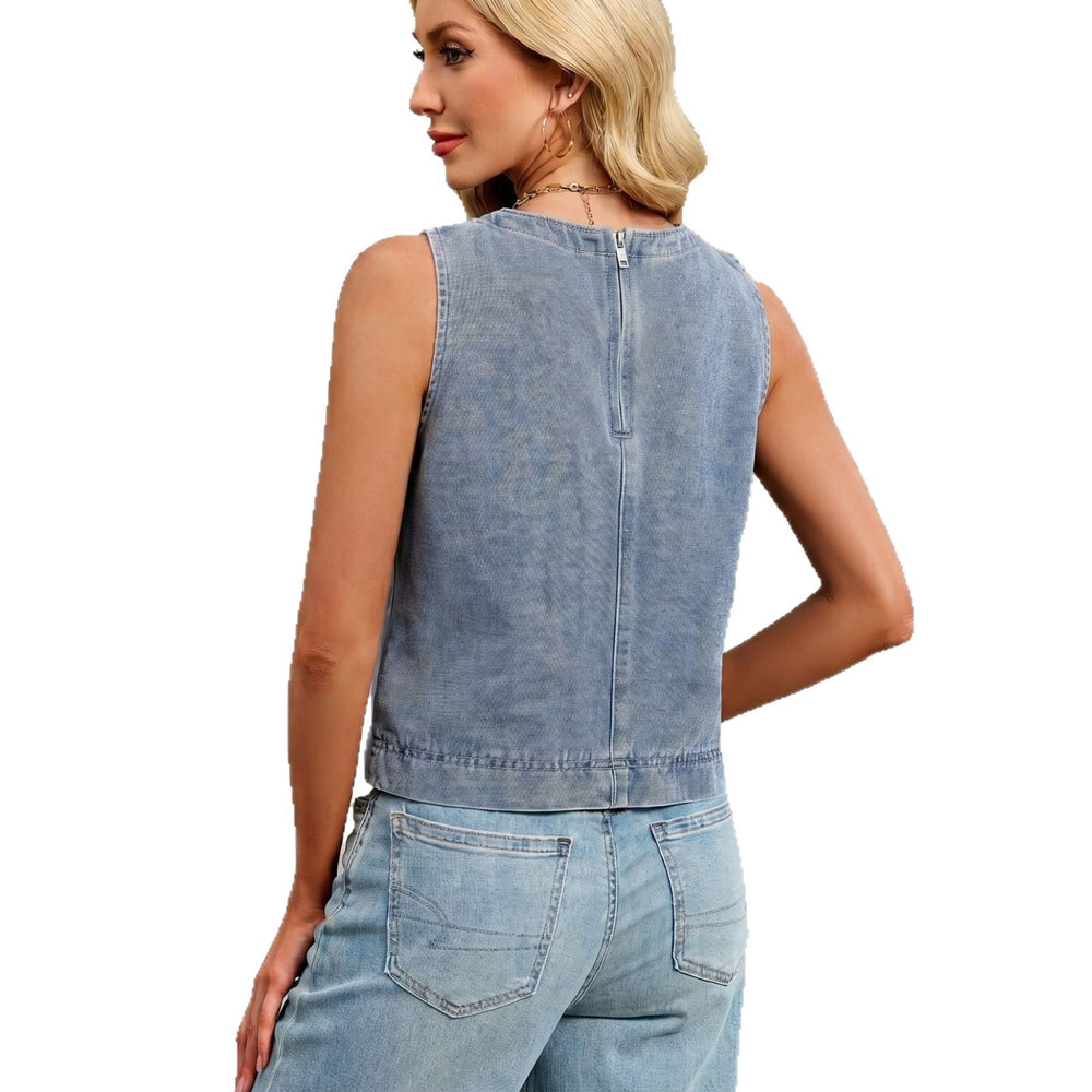 Fashion cross-border foreign trade  independent station summer new casual round neck straight-leg versatile slimming look denim vest