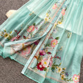 French heavy industry lapel printingdress women's summer long sleeves waist a-line skirt elegant gentle style vacation long skirt
