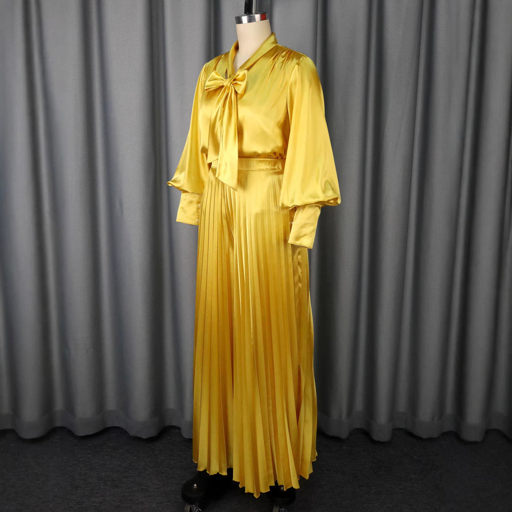 European and american sexy v-neck bow long sleeve top & elegant pleated wide-leg pants two-piece set
