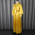 European and american sexy v-neck bow long sleeve top & elegant pleated wide-leg pants two-piece set
