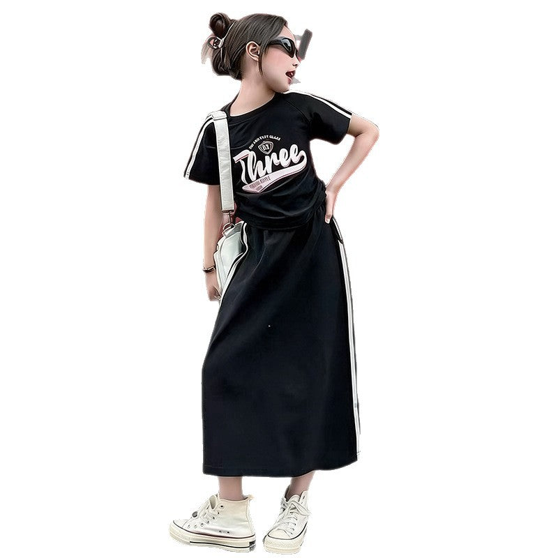 versatile girls' summer outfit: korean style sporty & casual fashion short-sleeve t-shirt and skirt two-piece set