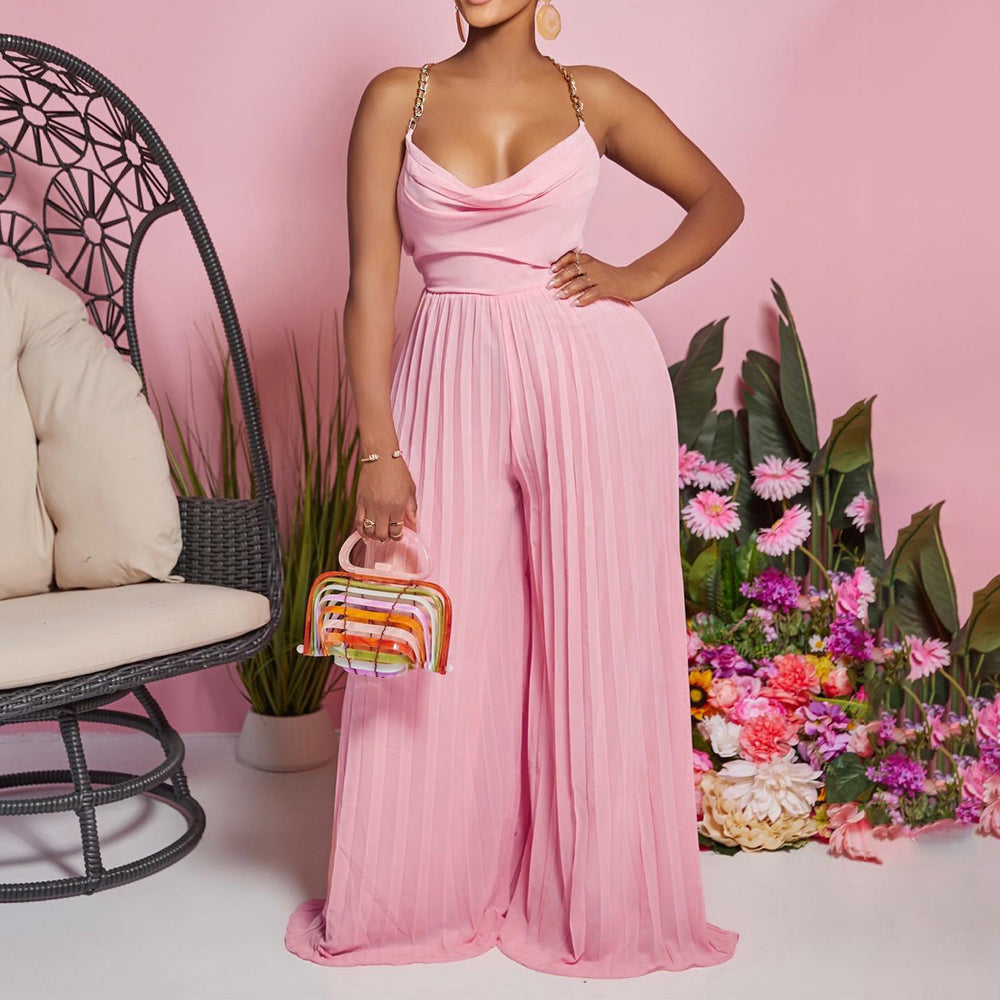 D3281  summer fashion sexy chain halter high waist sexy backless wide leg pleated jumpsuit