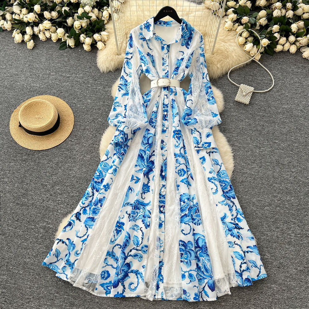 French dress  new arrivalfashioneleganceretro lapel long sleeves waist lacepatchworkprintinglong skirt