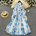 French dress  new arrivalfashioneleganceretro lapel long sleeves waist lacepatchworkprintinglong skirt