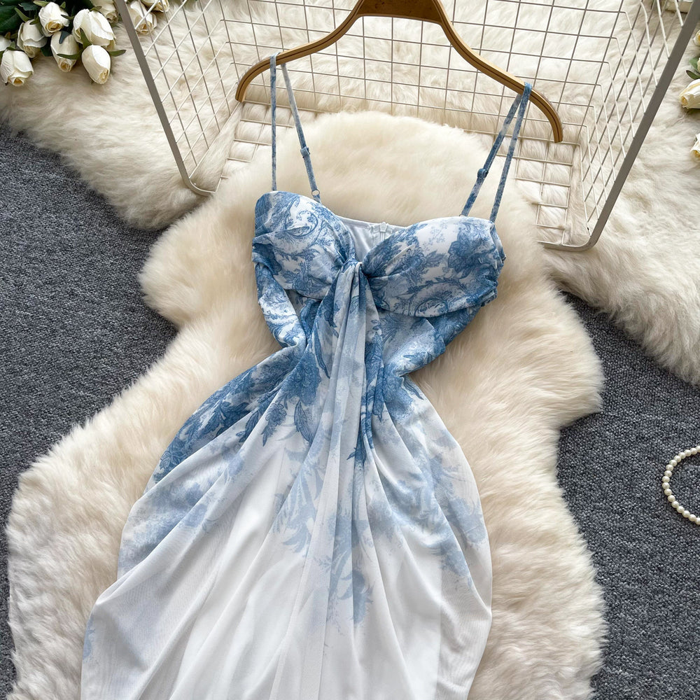 Blue and white porcelain style suspender printingdress women's summer asymmetricalsense of design pinch waistelegant long skirtwork clothing outfit
