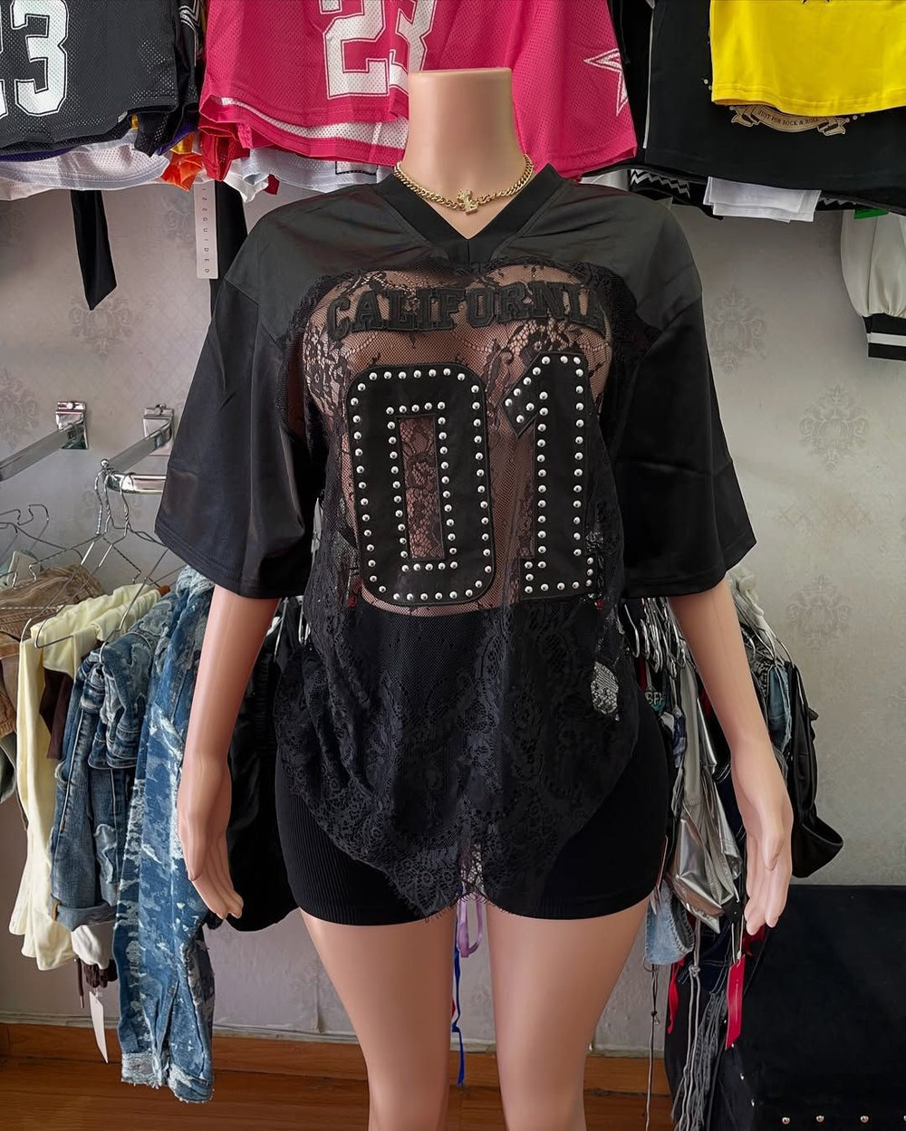 new arrivalfashionprintingloosecasual street see-through sexylacepatchwork t-shirt short-sleeved tops