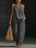 spring/summer hot seller: french chic halter v-neck open-back top & cool, comfortable, slimming wide-leg pant set